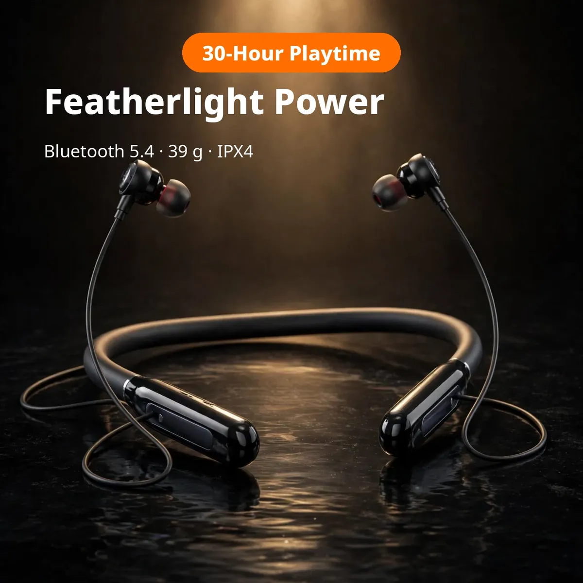 ACEFAST N5 promo hero — Featherlight Power. 30-Hour Playtime chip; Bluetooth 5.4, 39g, IPX4.