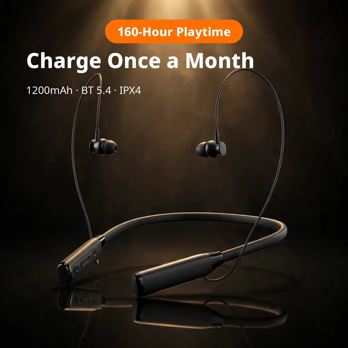 ACEFAST N7 promo hero — Charge Once a Month. 160-Hour Playtime chip; 1200mAh, BT 5.4, IPX4.