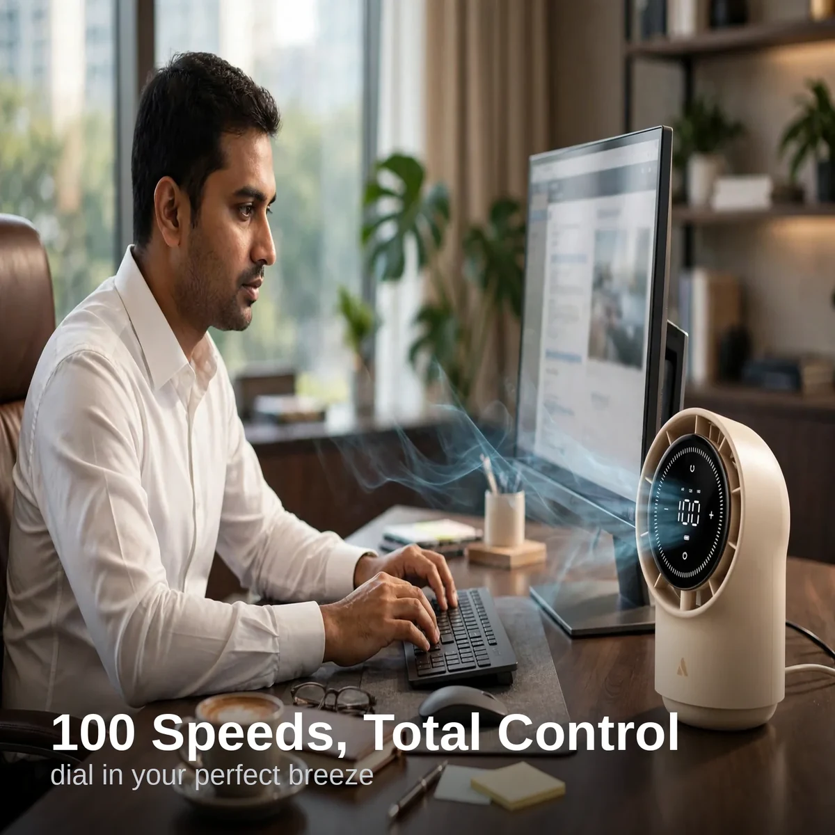 Aecooly TB01 touch control desk fan in beige on a work desk