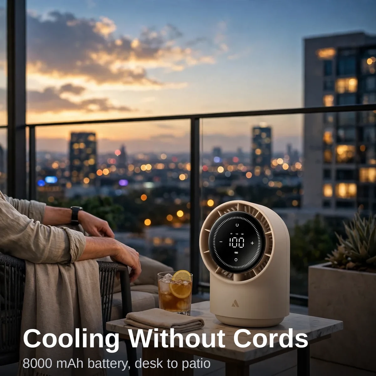 Aecooly TB01 desk fan styled on a balcony table