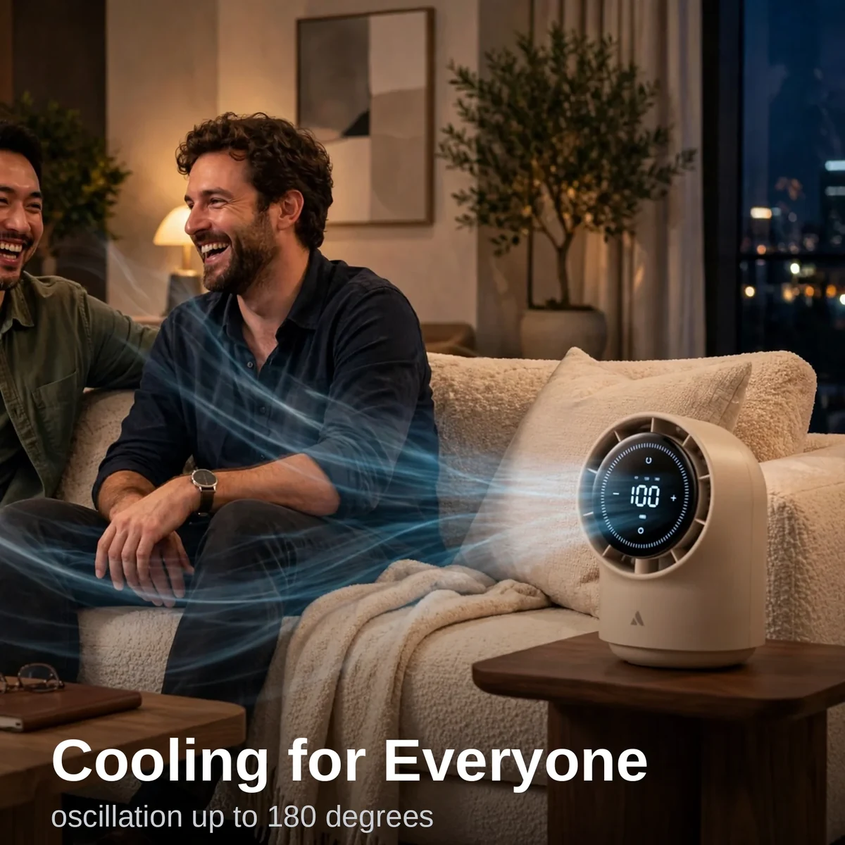 Aecooly TB01 beige desk fan in a living room setting