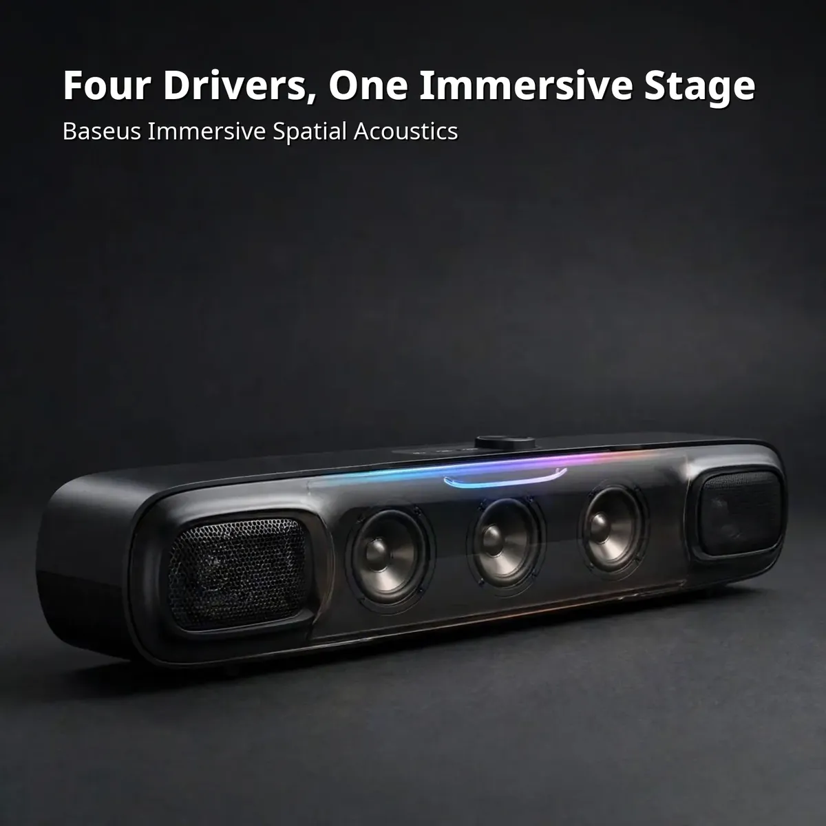 Baseus AeQur DS10 feature card showing four drivers with Baseus Immersive Spatial Acoustics