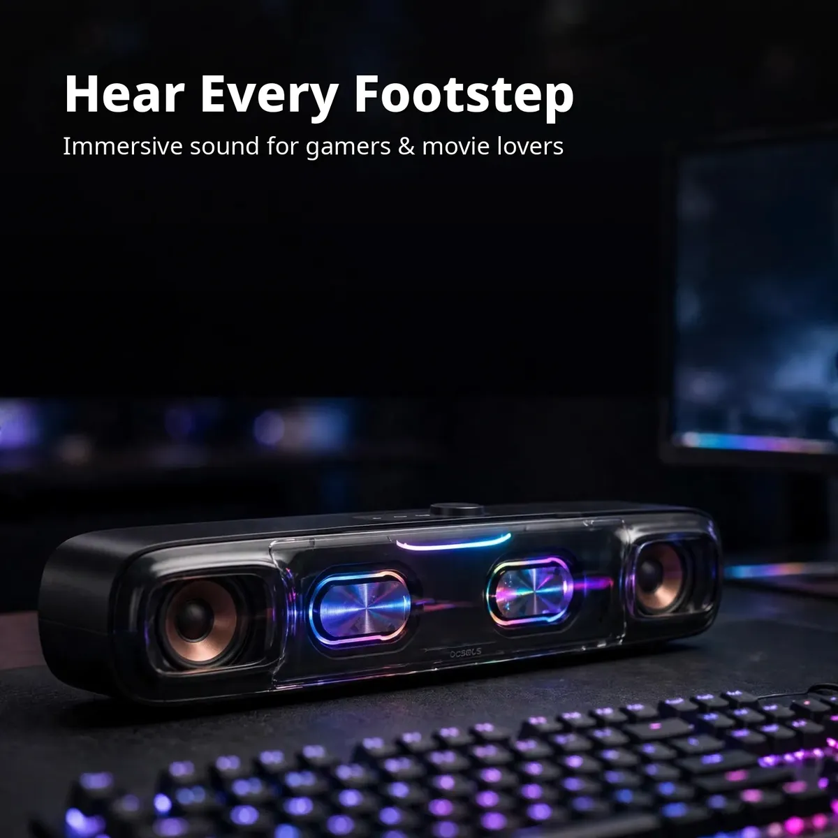 Baseus AeQur DS10 gaming promo card showing the soundbar with RGB glow on a desk