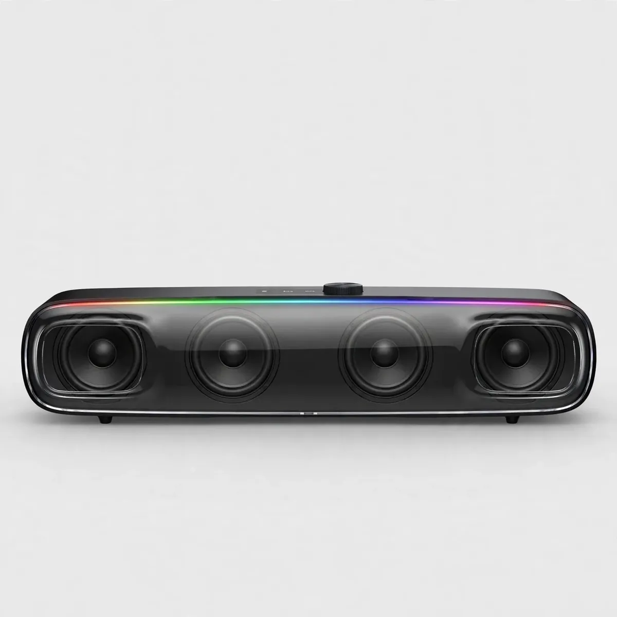 Baseus AeQur DS10 mini Bluetooth soundbar front view with transparent panel, four drivers and RGB strip