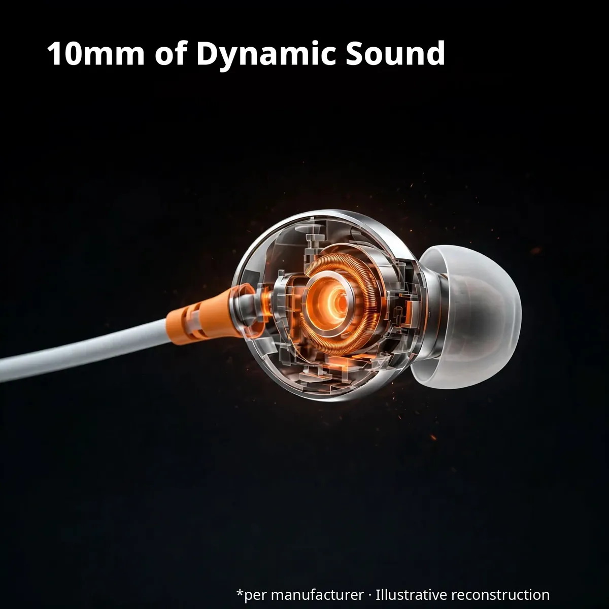 Noise Airwave Blue driver x-ray close-up — 10mm of Dynamic Sound. Per manufacturer, illustrative reconstruction.