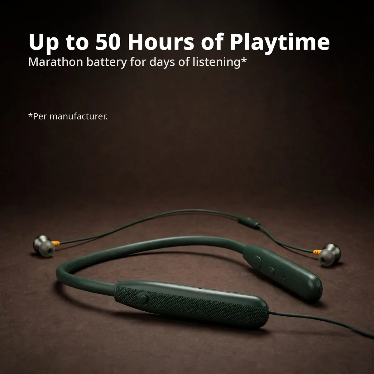 Noise Airwave Green battery card on a dark backdrop — Up to 50 Hours of Playtime. Marathon battery for days of listening. Per manufacturer.