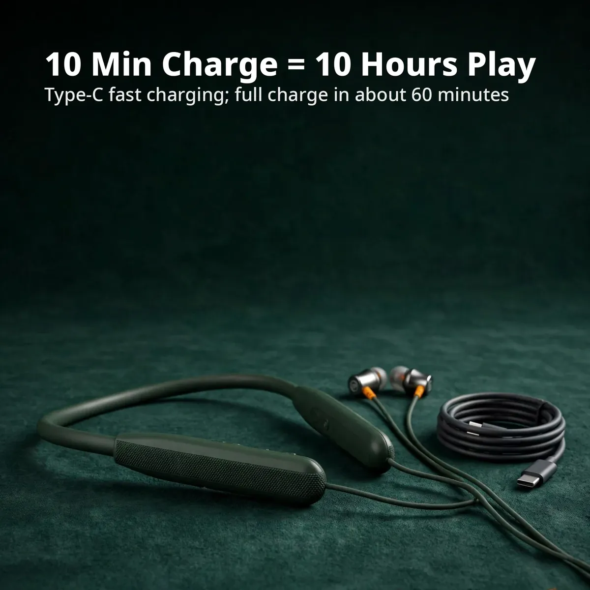 Noise Airwave Green fast-charge card — 10 Min Charge = 10 Hours Play. Type-C fast charging; full charge in about 60 minutes.