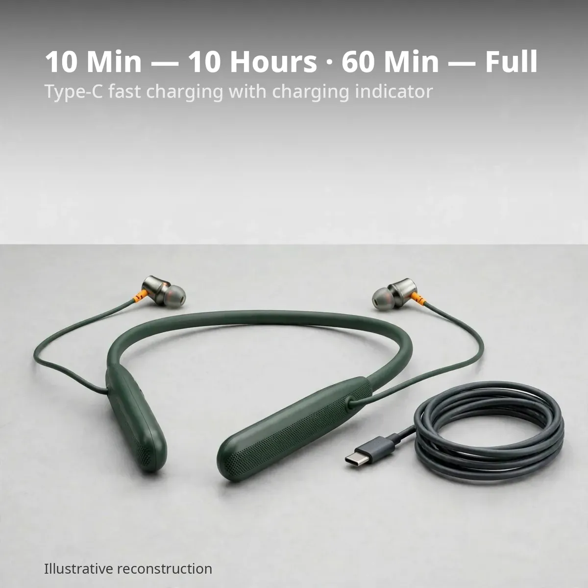 Noise Airwave Green charging infographic — 10 Min — 10 Hours · 60 Min — Full. Type-C fast charging with charging indicator. Illustrative reconstruction.