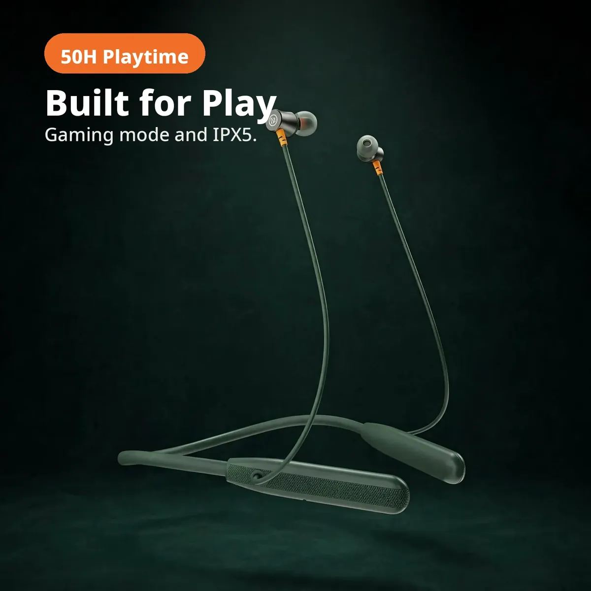 Noise Airwave Green promo hero — Built for Play. Gaming mode and IPX5. 50H Playtime.