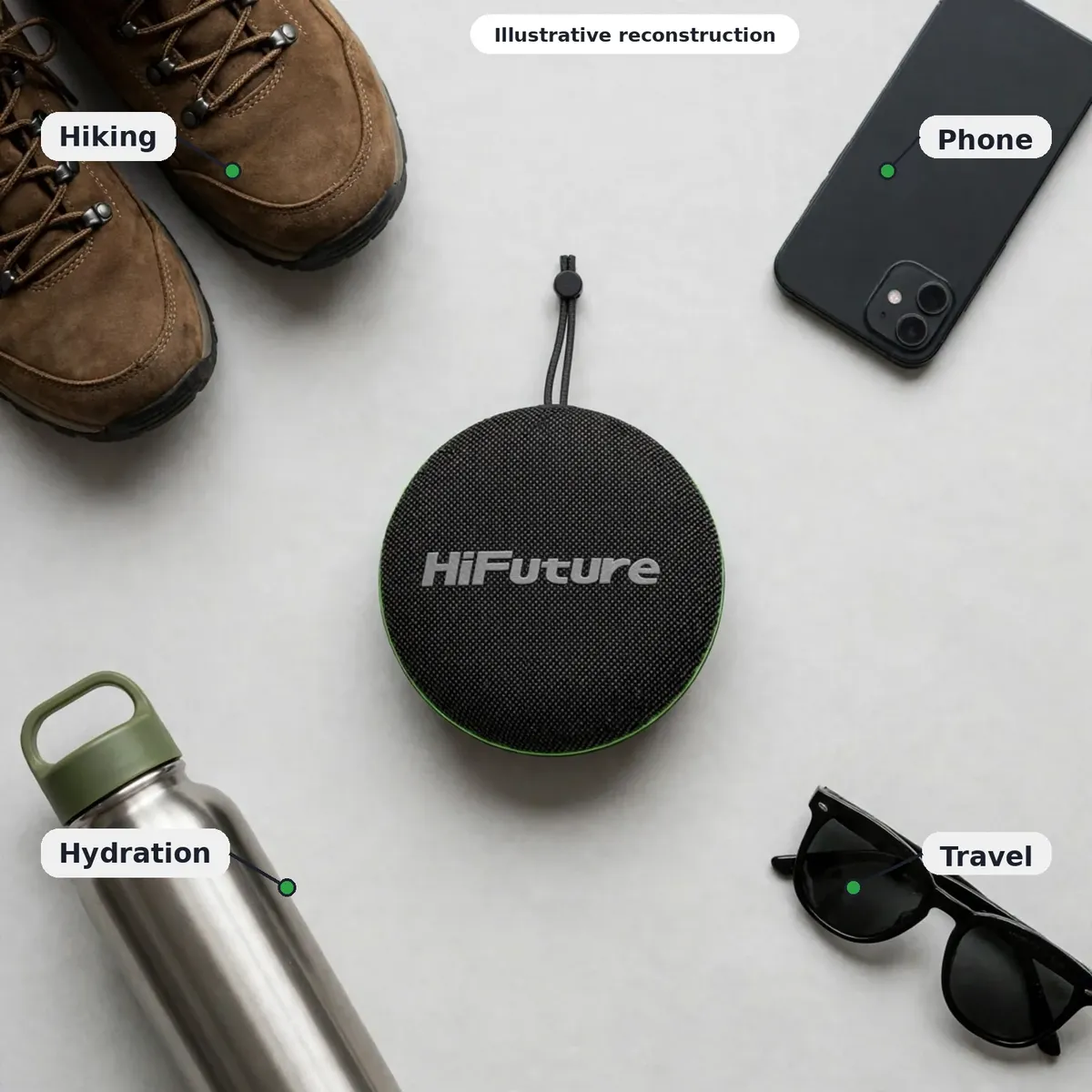 HiFuture Altus use-cases flat lay with hiking, phone, hydration and travel items