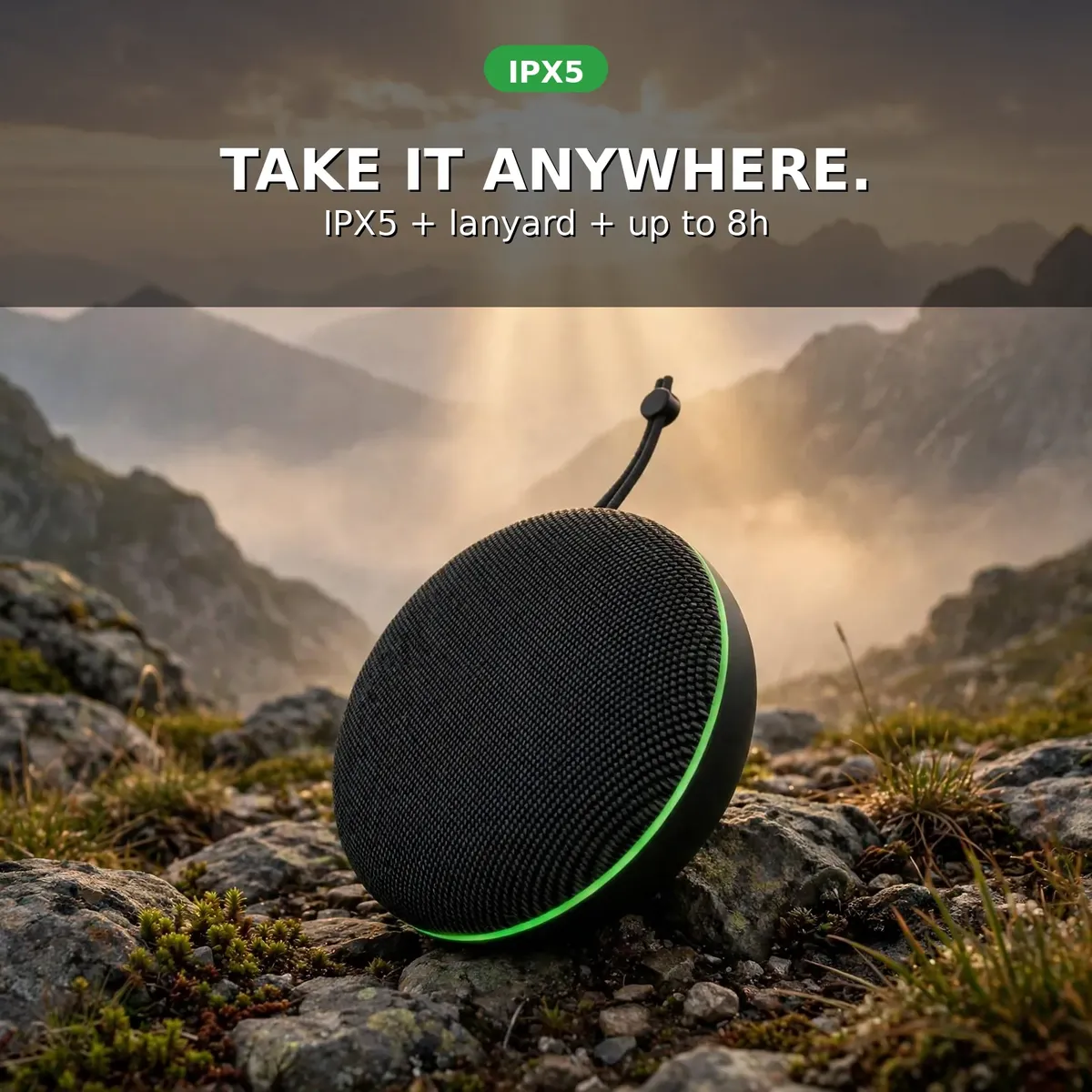 HiFuture Altus promo card with IPX5 chip against a mountain sunrise backdrop