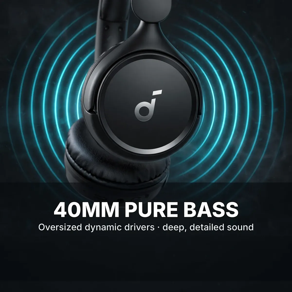 Anker Soundcore H30i bass feature card showing the earcup with soundwave rings — 40MM Pure Bass. Oversized dynamic drivers, deep, detailed sound.