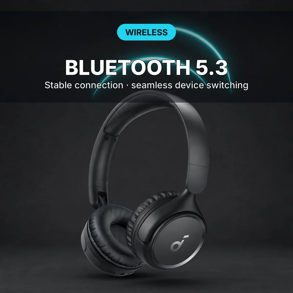 Anker Soundcore H30i wireless feature card showing the headphones with a Bluetooth glow — Bluetooth 5.3. Stable connection with seamless device switching.