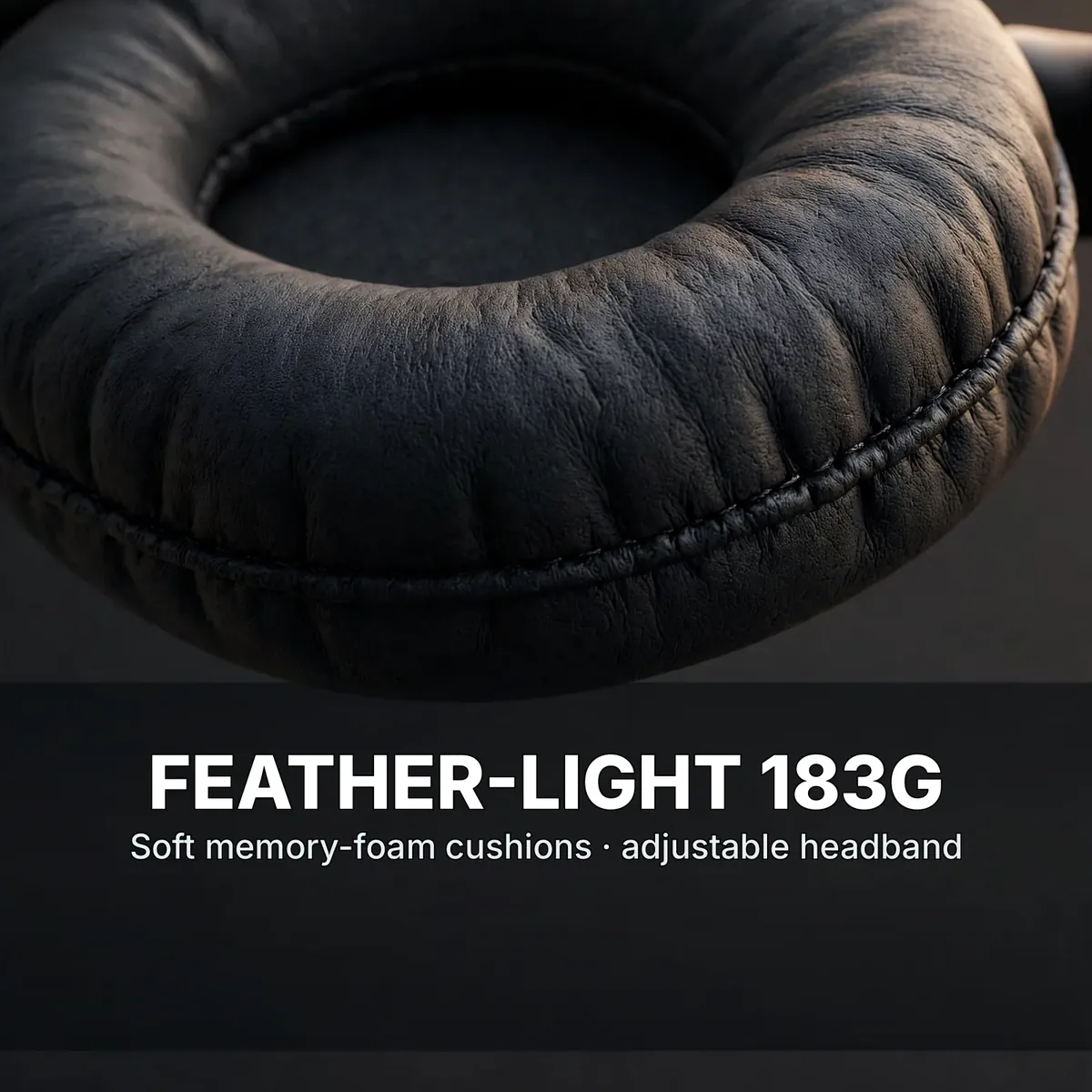 Anker Soundcore H30i comfort feature card showing a memory-foam cushion macro — Feather-Light 183g. Soft memory-foam cushions, adjustable headband.