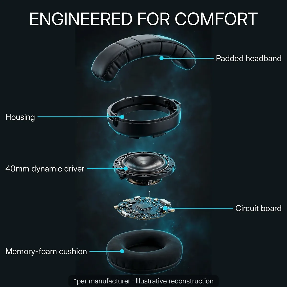 Anker Soundcore H30i exploded-earcup infographic with leader-line labels — Engineered for Comfort. Padded headband, housing, 40mm dynamic driver, circuit board, memory-foam cushion. Illustrative reconstruction.