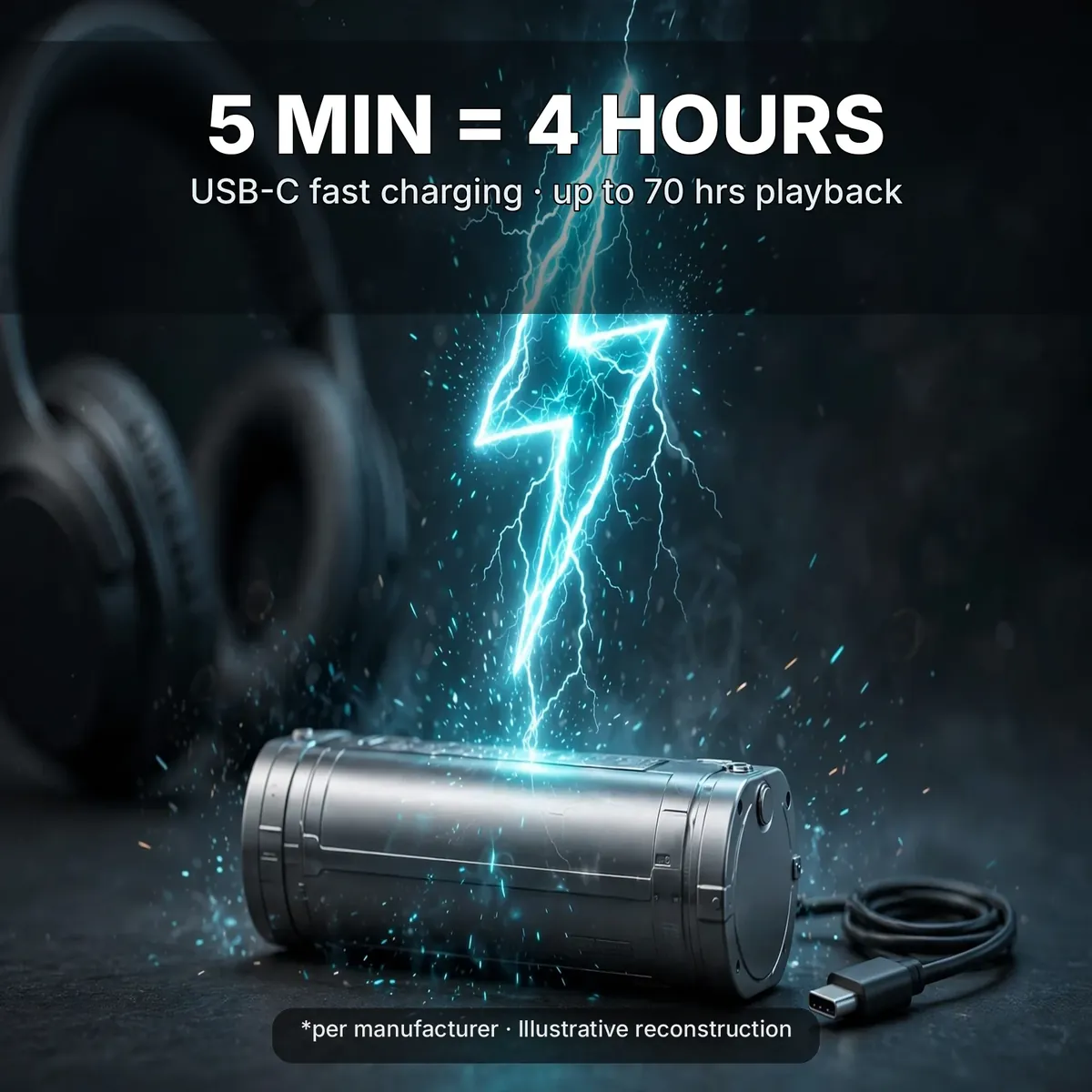 Anker Soundcore H30i fast-charge infographic with battery cell and USB-C cable — 5 min = 4 hours. USB-C fast charging, up to 70 hrs playback. Illustrative reconstruction.
