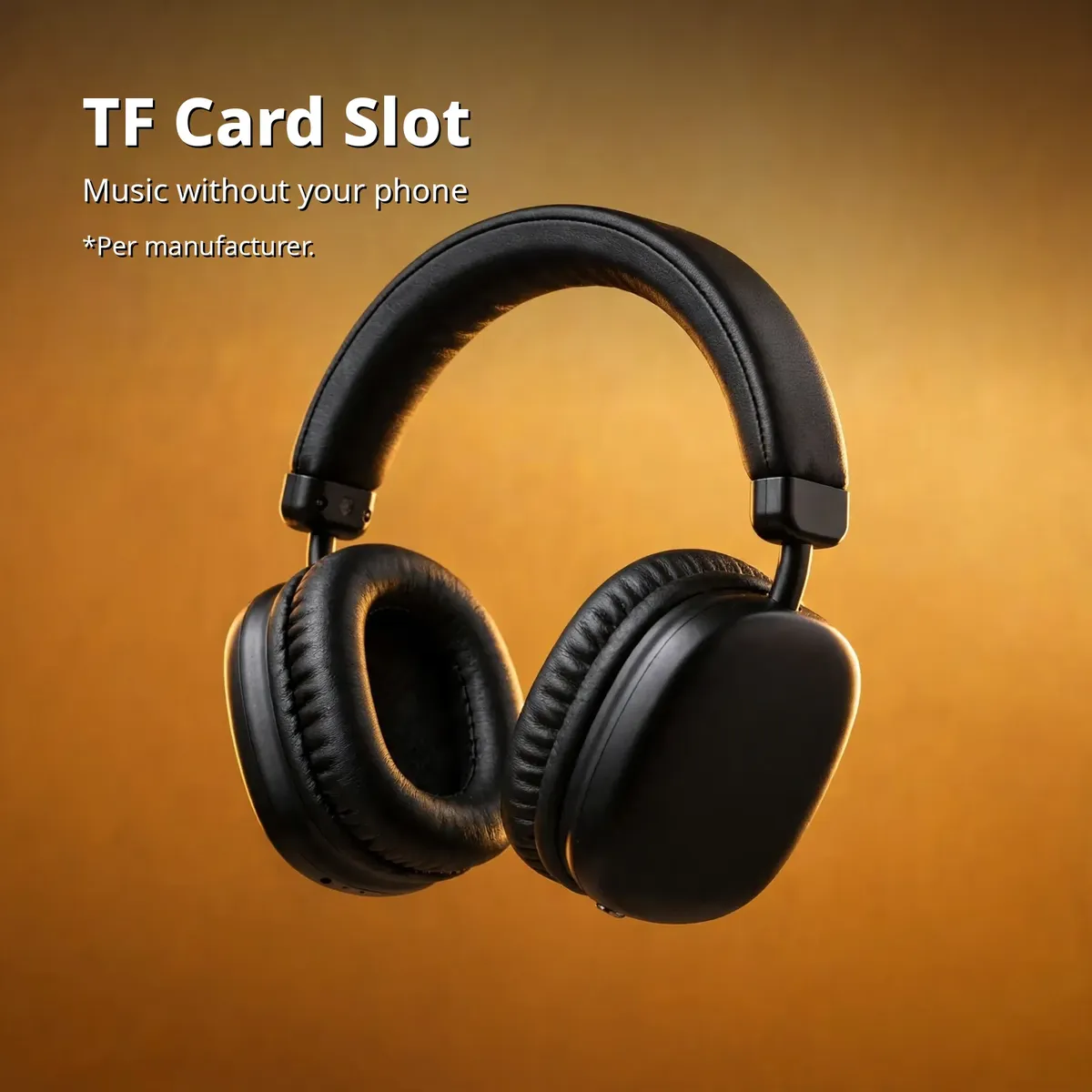Awei AT6 TF card slot card showing the black overhead headphone on a warm amber gradient with TF card slot callout