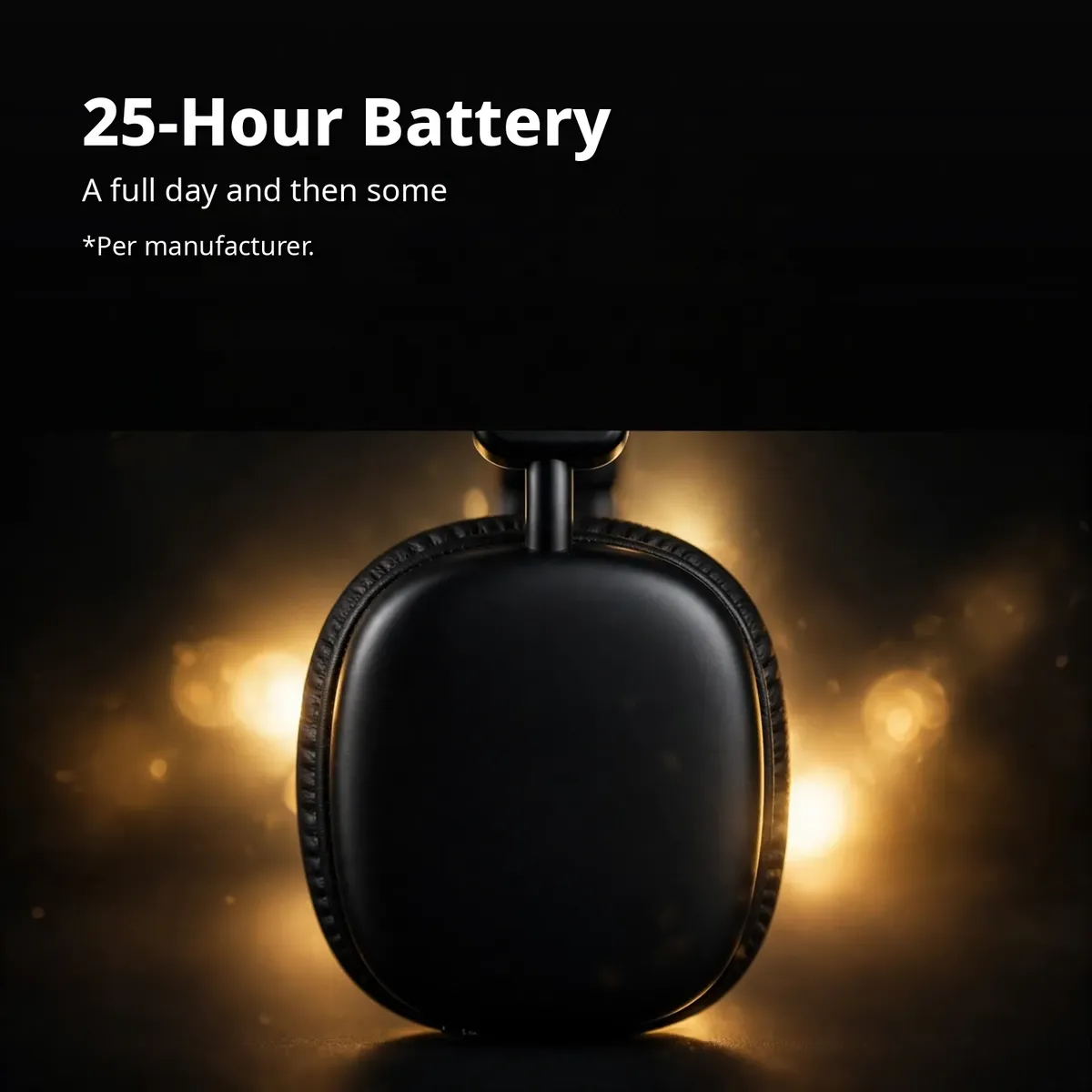Awei AT6 battery card showing the black headphone with 25-hour battery claim on warm glowing backdrop