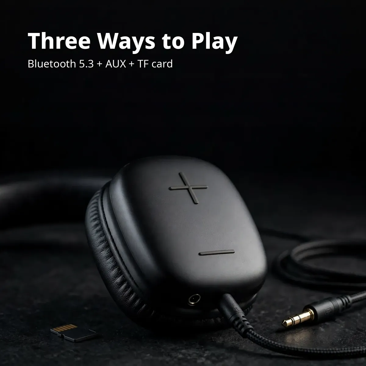 Awei AT6 multi-mode card showing the black headphone with earcup close-up and cable on dark backdrop