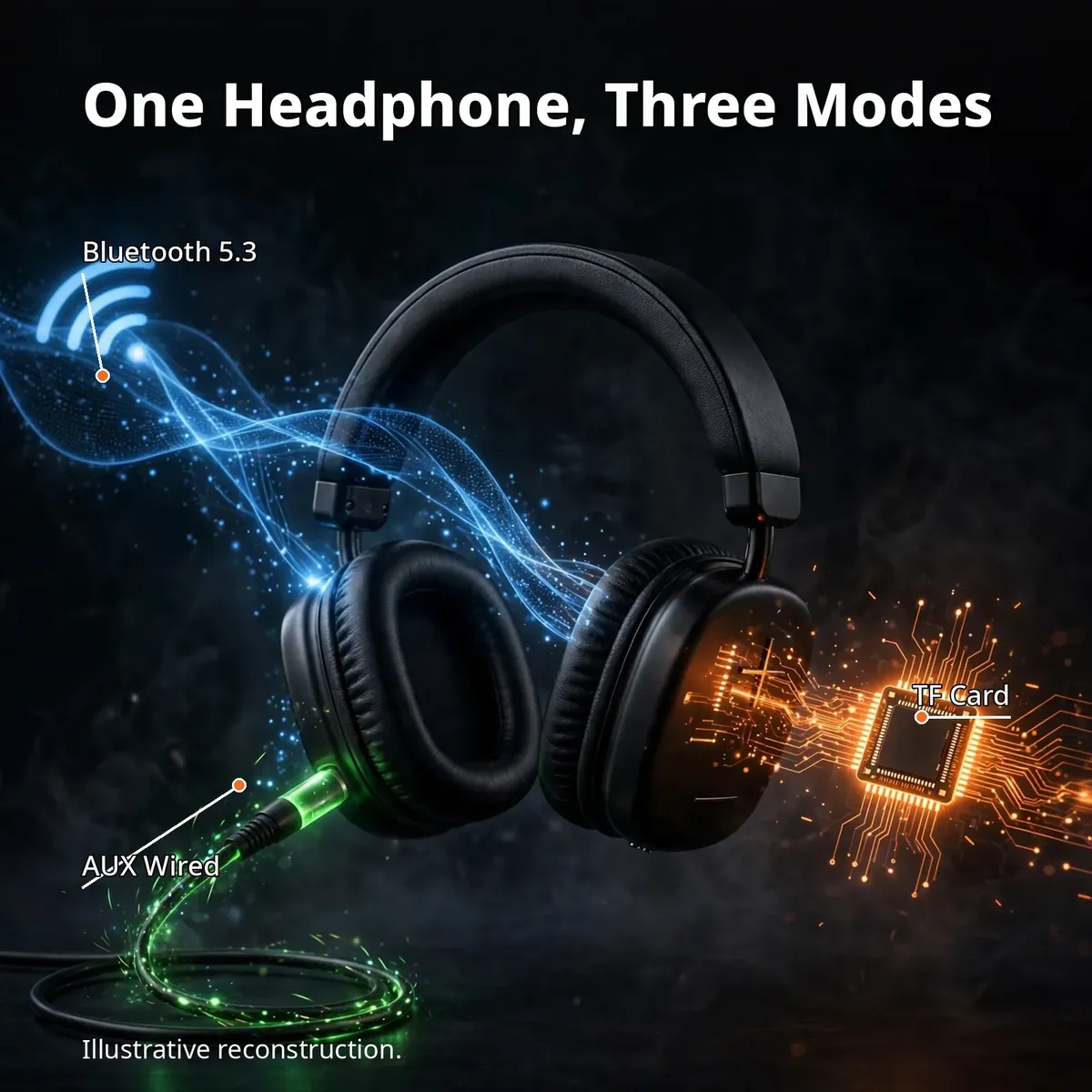 Awei AT6 three-modes infographic showing Bluetooth 5.3, AUX cable and TF card connection streams around the headphone — illustrative reconstruction