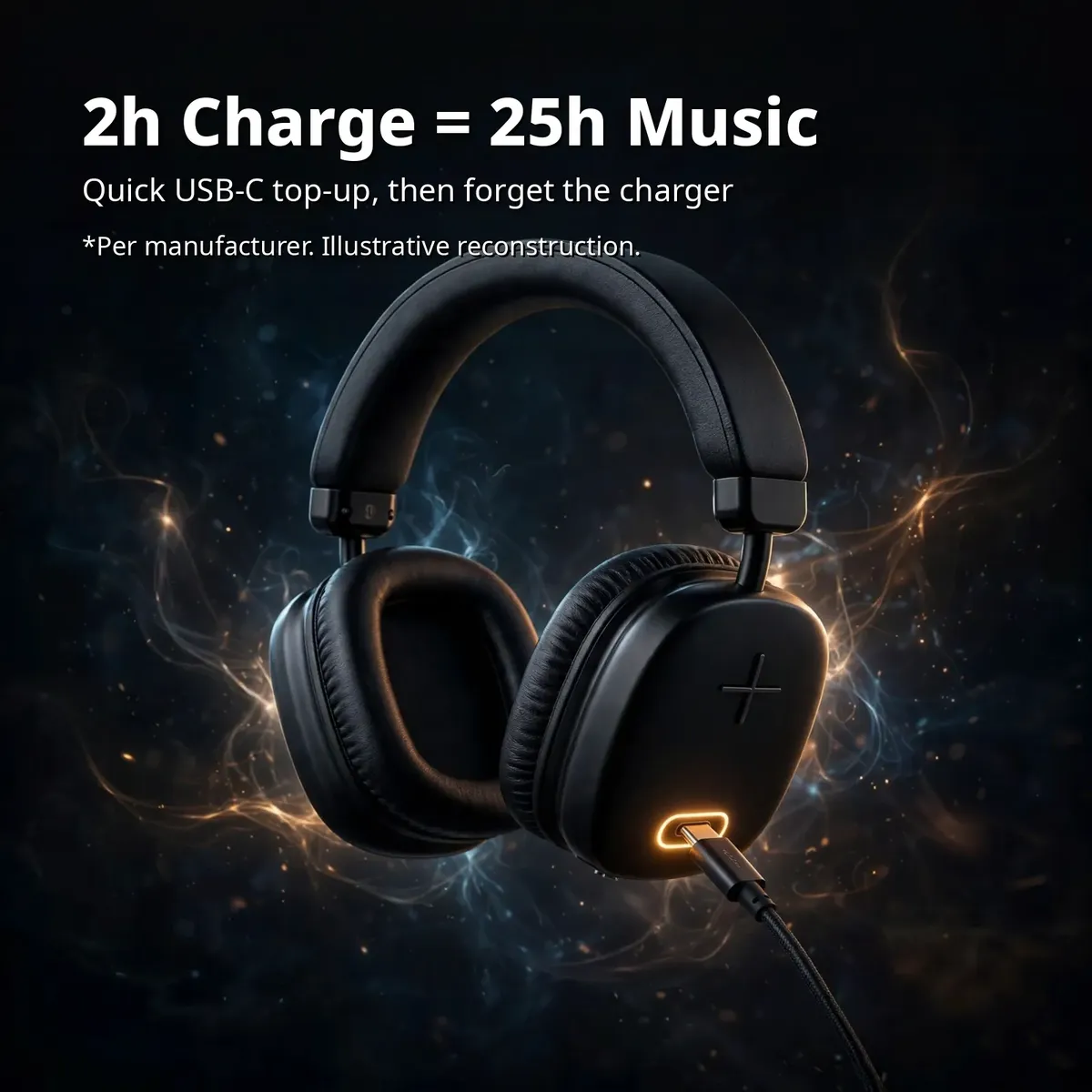 Awei AT6 charging infographic showing USB Type-C cable with 2h charge to 25h music claim — illustrative reconstruction