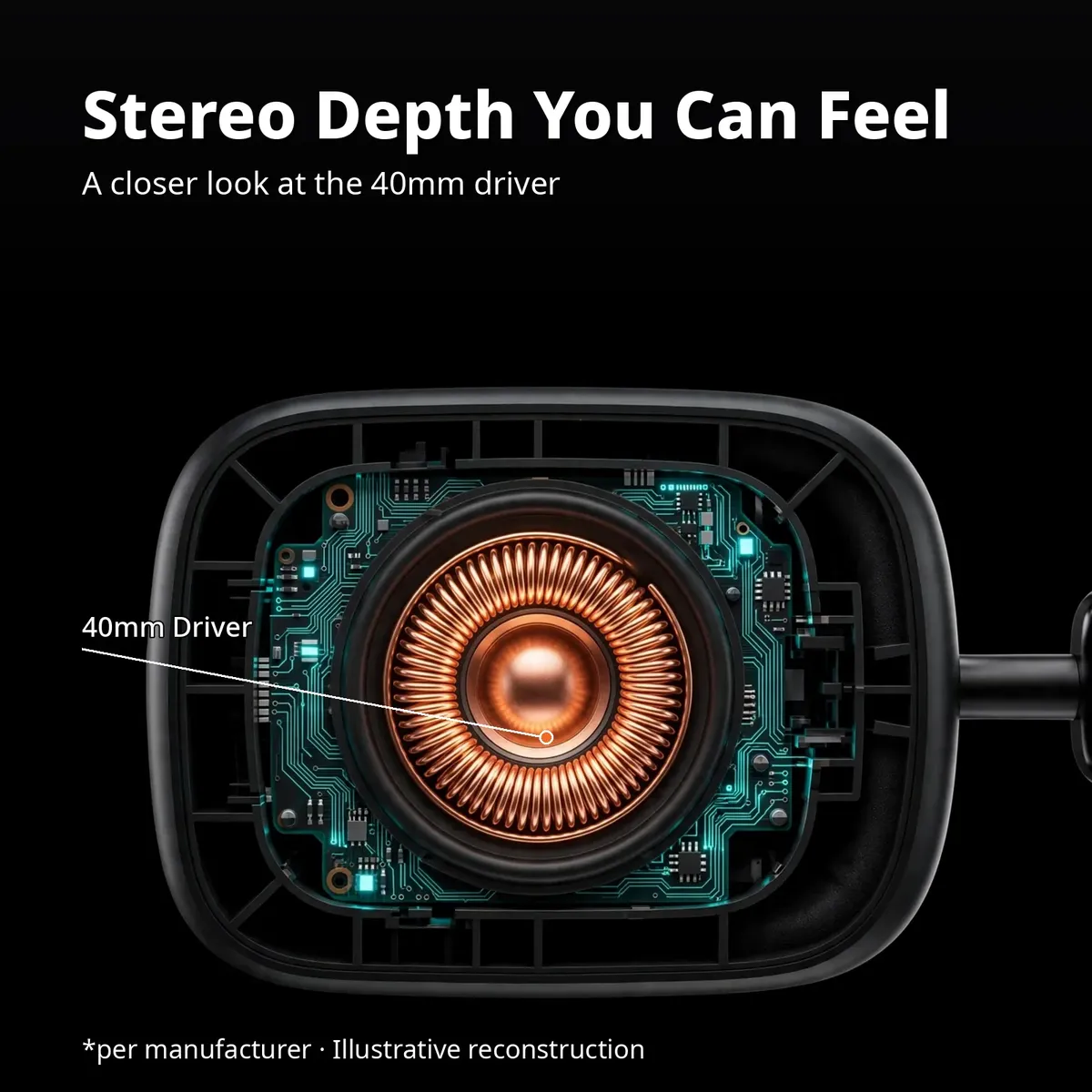 Awei AT6 x-ray driver close-up showing the glowing 40mm driver inside the earcup — illustrative reconstruction