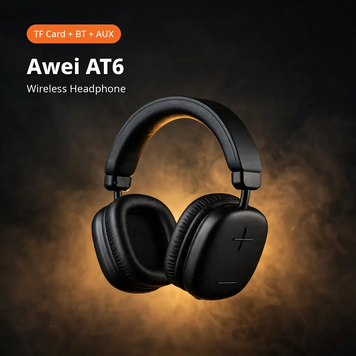 Awei AT6 promo hero card showing the black wireless headphone with TF Card plus BT plus AUX chip