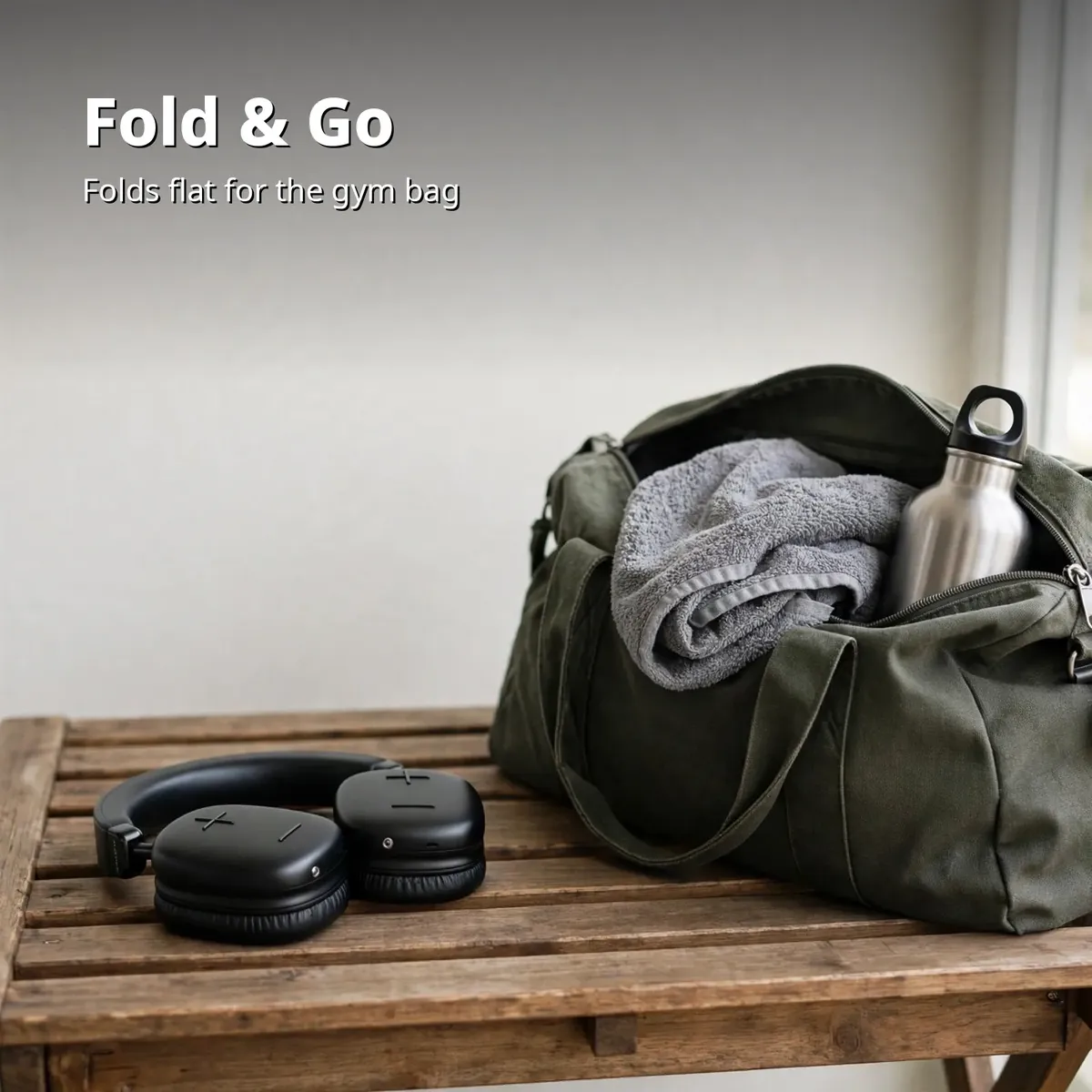 Awei AT6 fold and go promo card showing the black headphone folded beside a gym bag