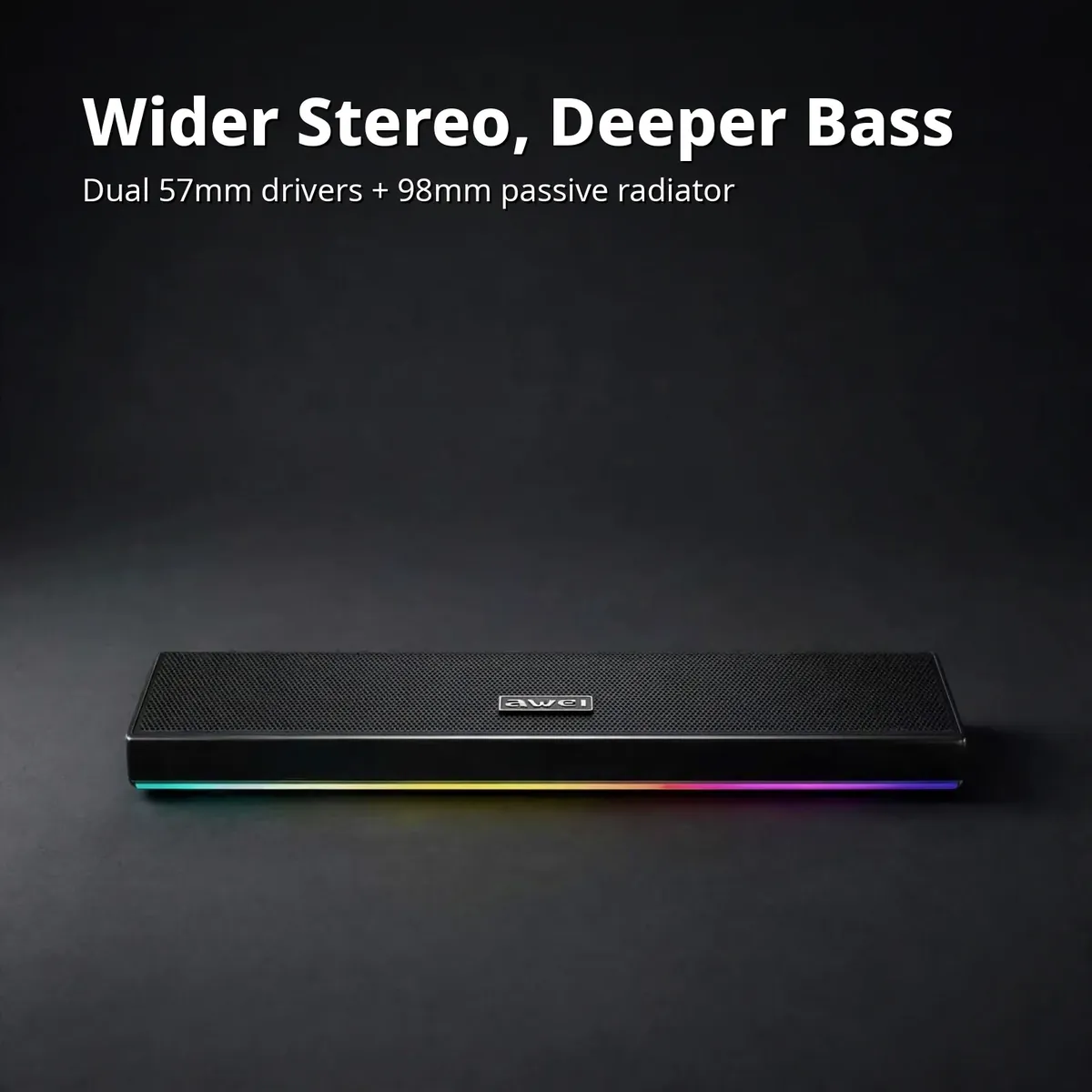 Awei KA51 RGB soundbar card showing wider stereo with dual 57mm drivers and 98mm passive radiator