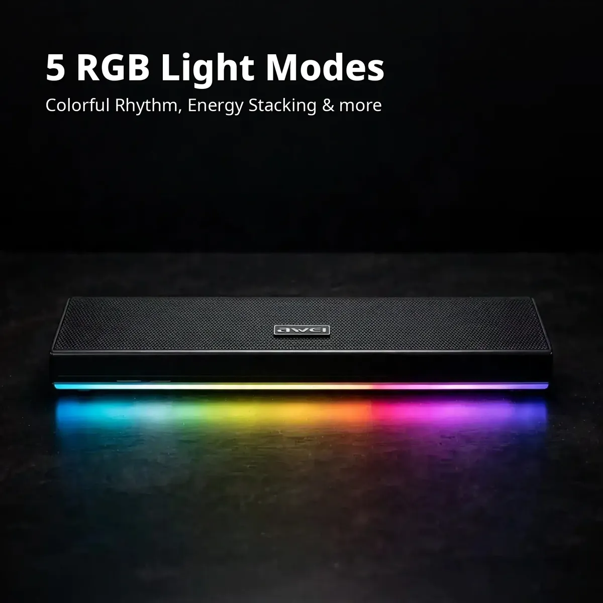 Awei KA51 RGB soundbar with 5 RGB light modes including Colorful Rhythm and Energy Stacking