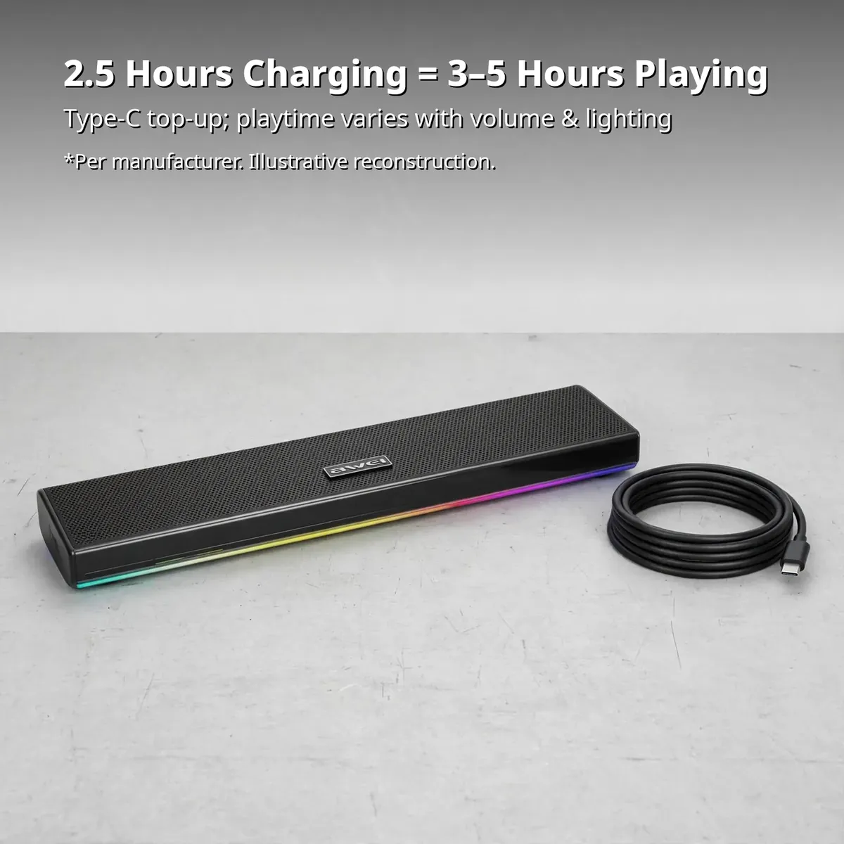 Awei KA51 battery infographic showing 2.5 hours charging equals 3 to 5 hours playing with Type-C