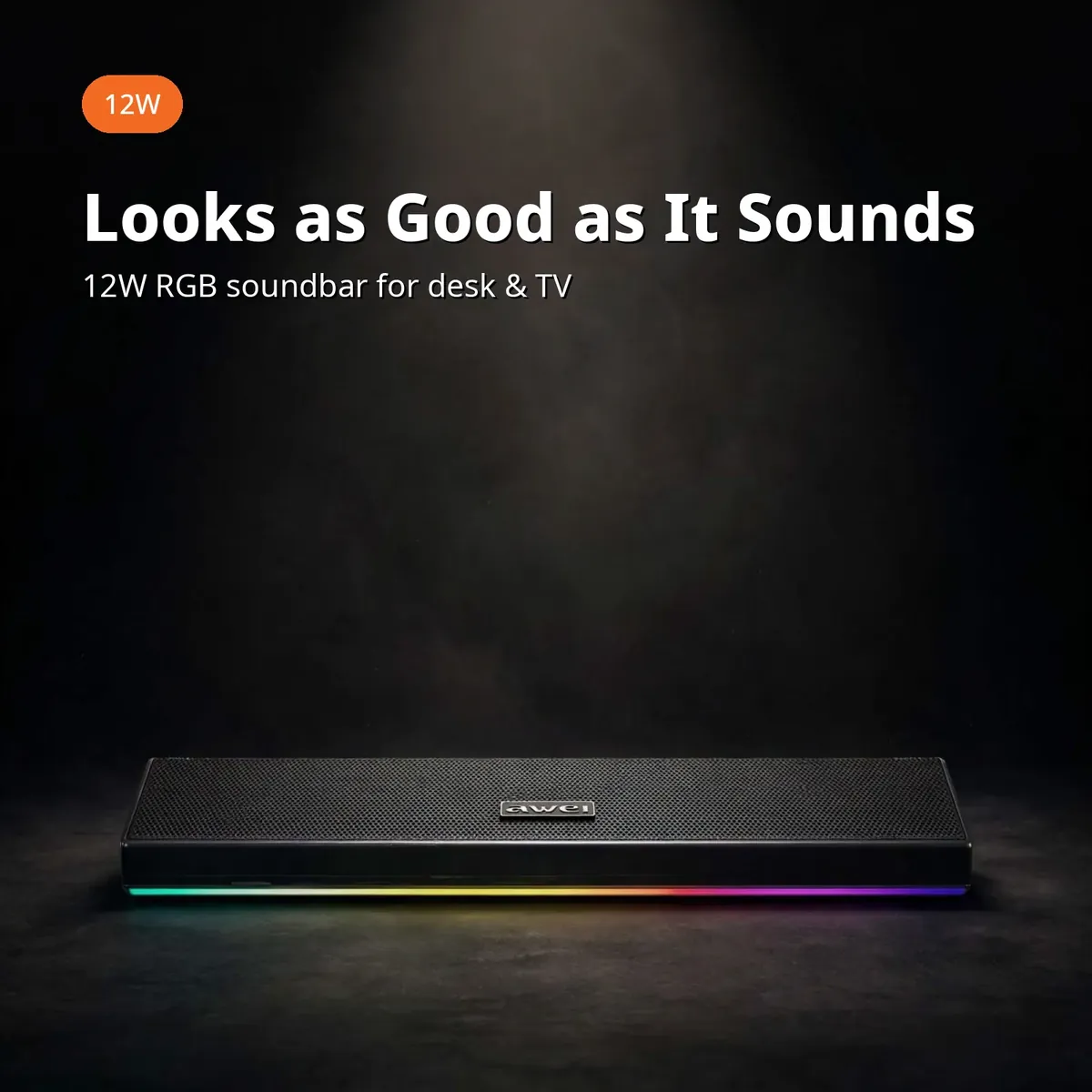 Awei KA51 promo card showing the 12W RGB soundbar for desk and TV