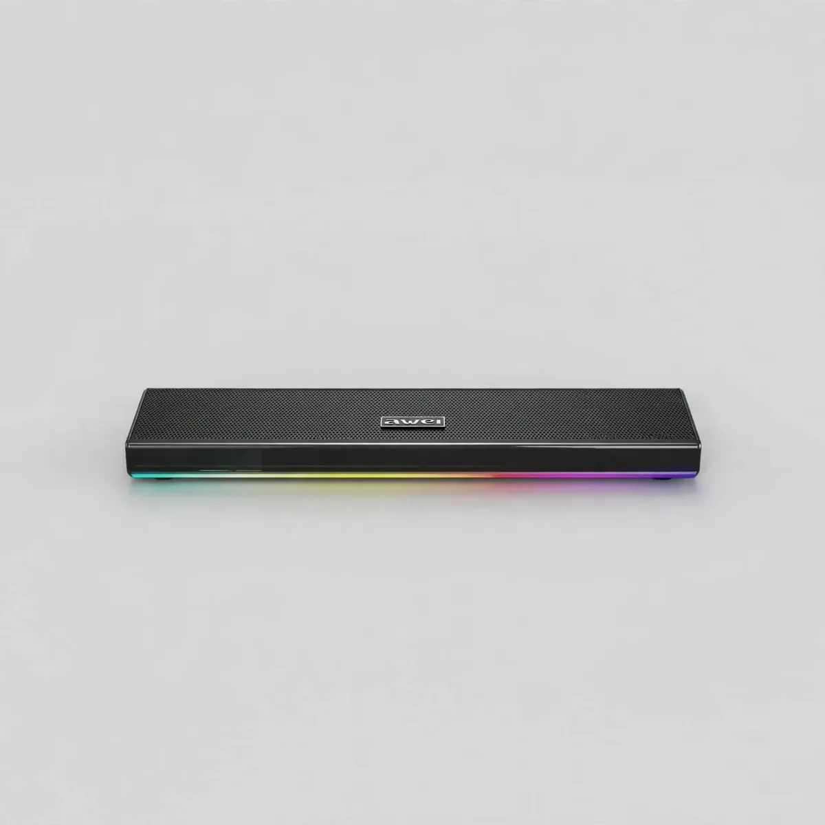 Awei KA51 soundbar front view with fabric mesh grille and RGB light strip