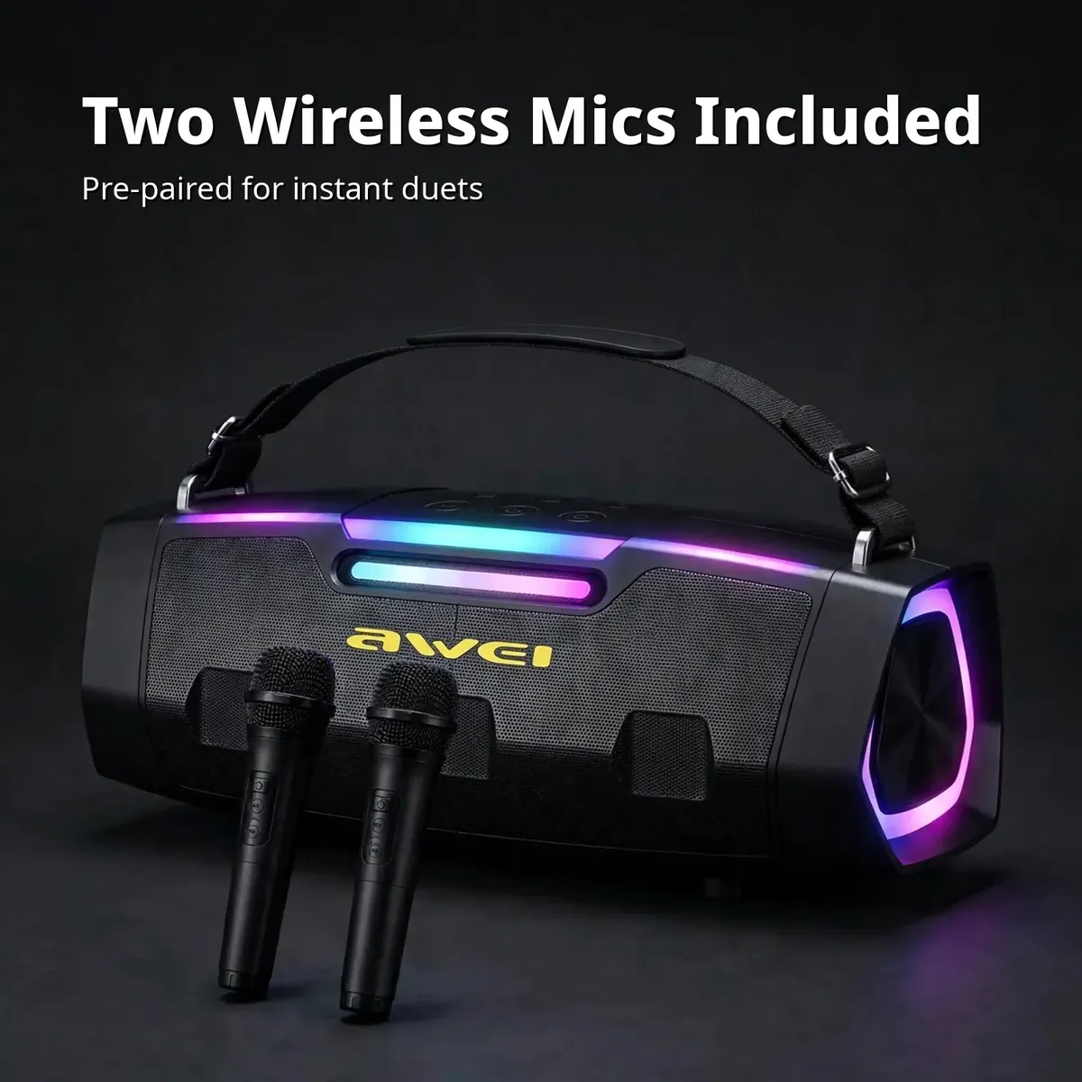 Awei KT28 card showing the speaker with two wireless microphones, overlay text Two Wireless Mics Included