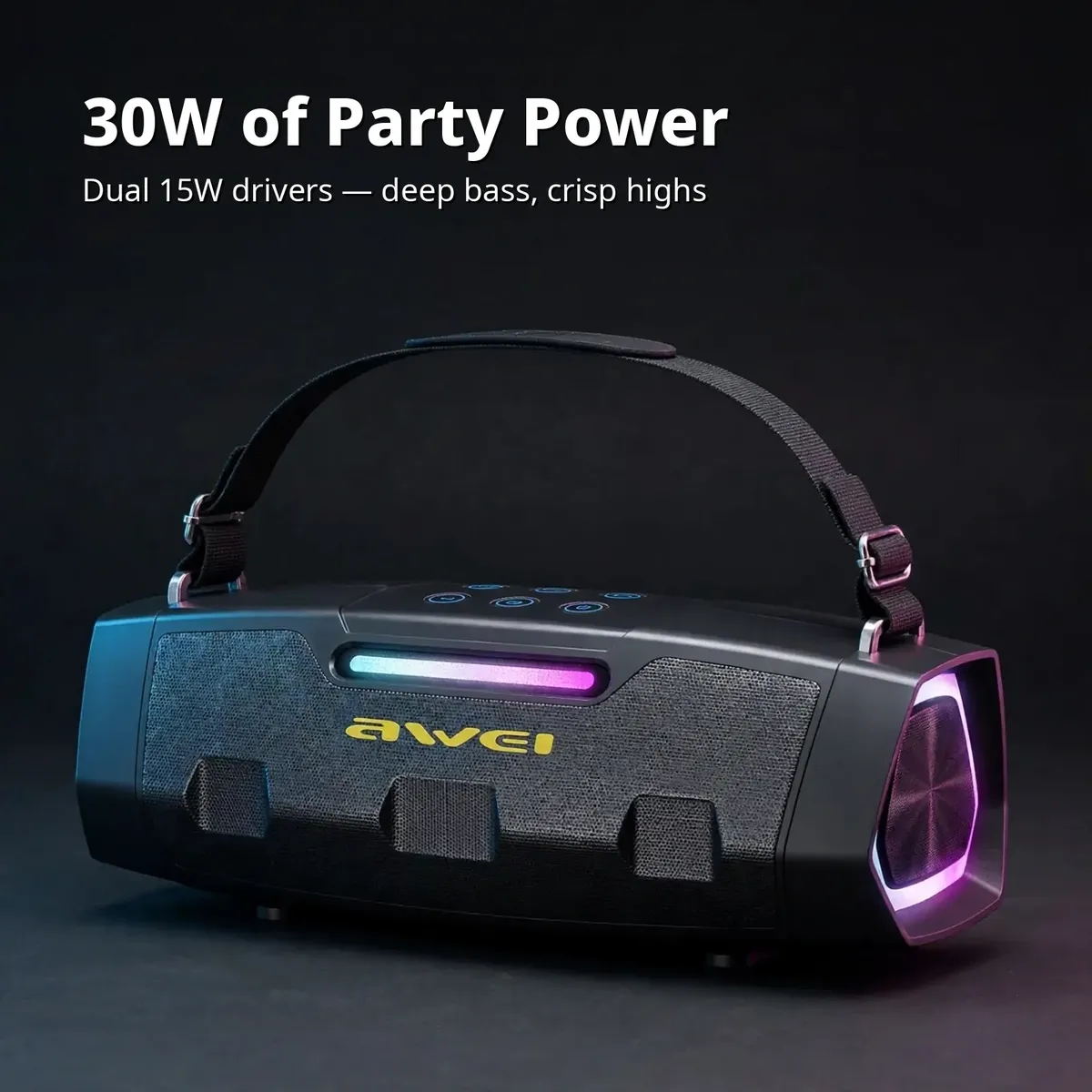 Awei KT28 power card showing the speaker on a dark backdrop, overlay text 30W of Party Power with dual 15W drivers