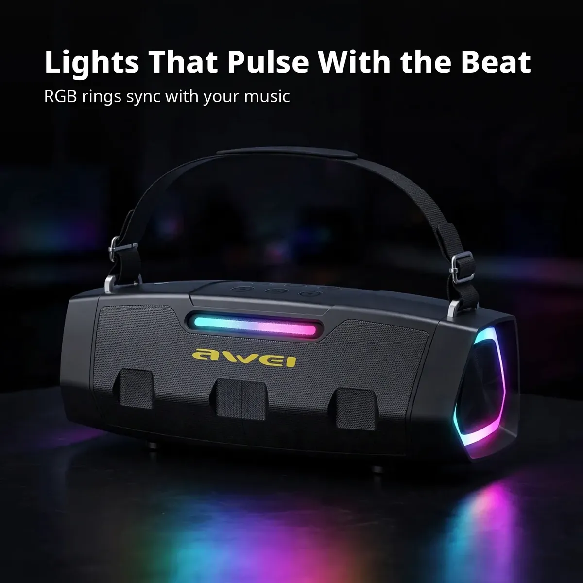 Awei KT28 RGB card showing the glowing RGB rings in a dark room, overlay text Lights That Pulse With the Beat