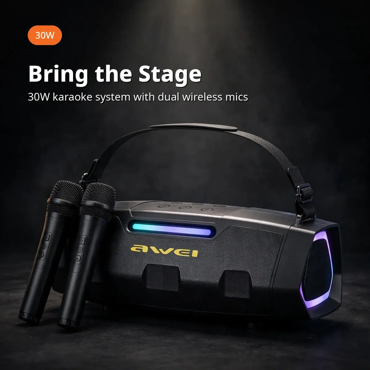 Awei KT28 promo shot with two microphones, overlay text Bring the Stage and a 30W badge