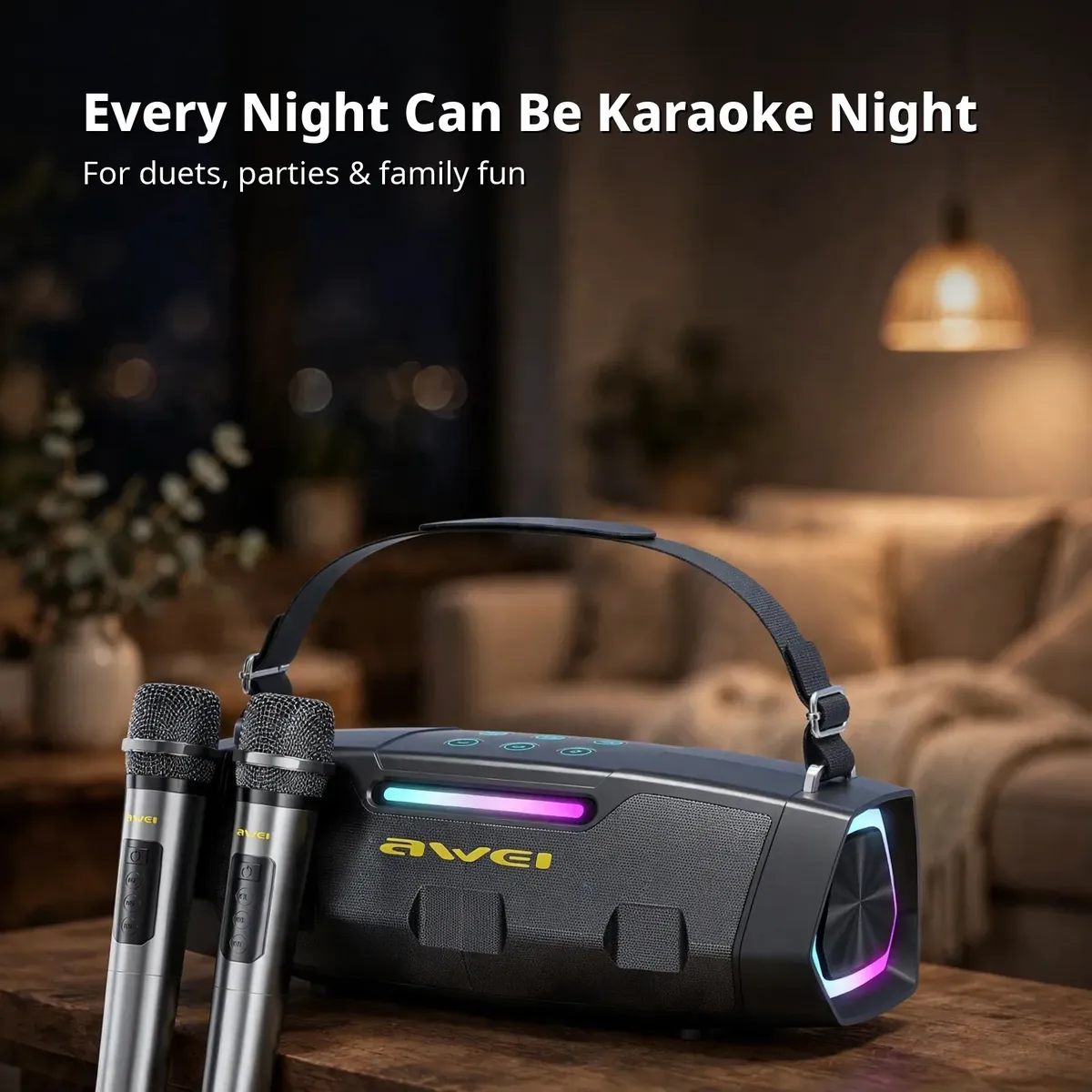Awei KT28 in a warm family living room, overlay text Every Night Can Be Karaoke Night