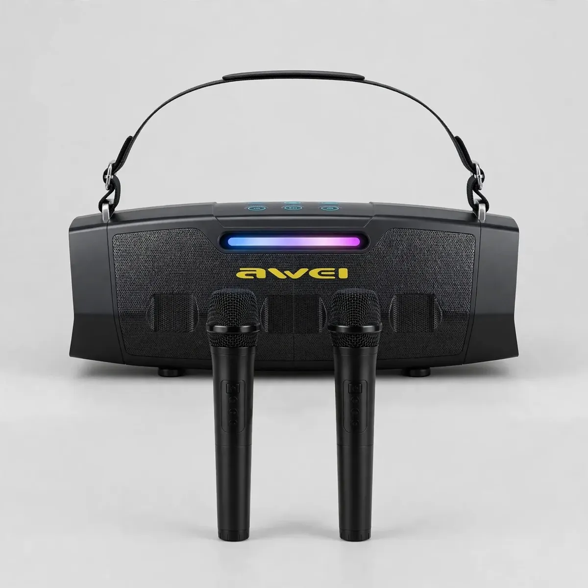 Awei KT28 front view with two wireless microphones and carry strap on a clean studio backdrop