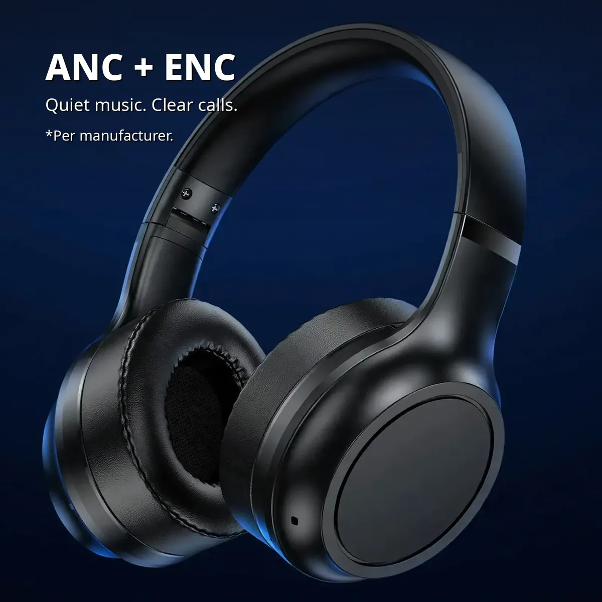 Awei AT5 feature card showing the black wireless headset with ANC plus ENC headline, Quiet music. Clear calls., on deep indigo backdrop
