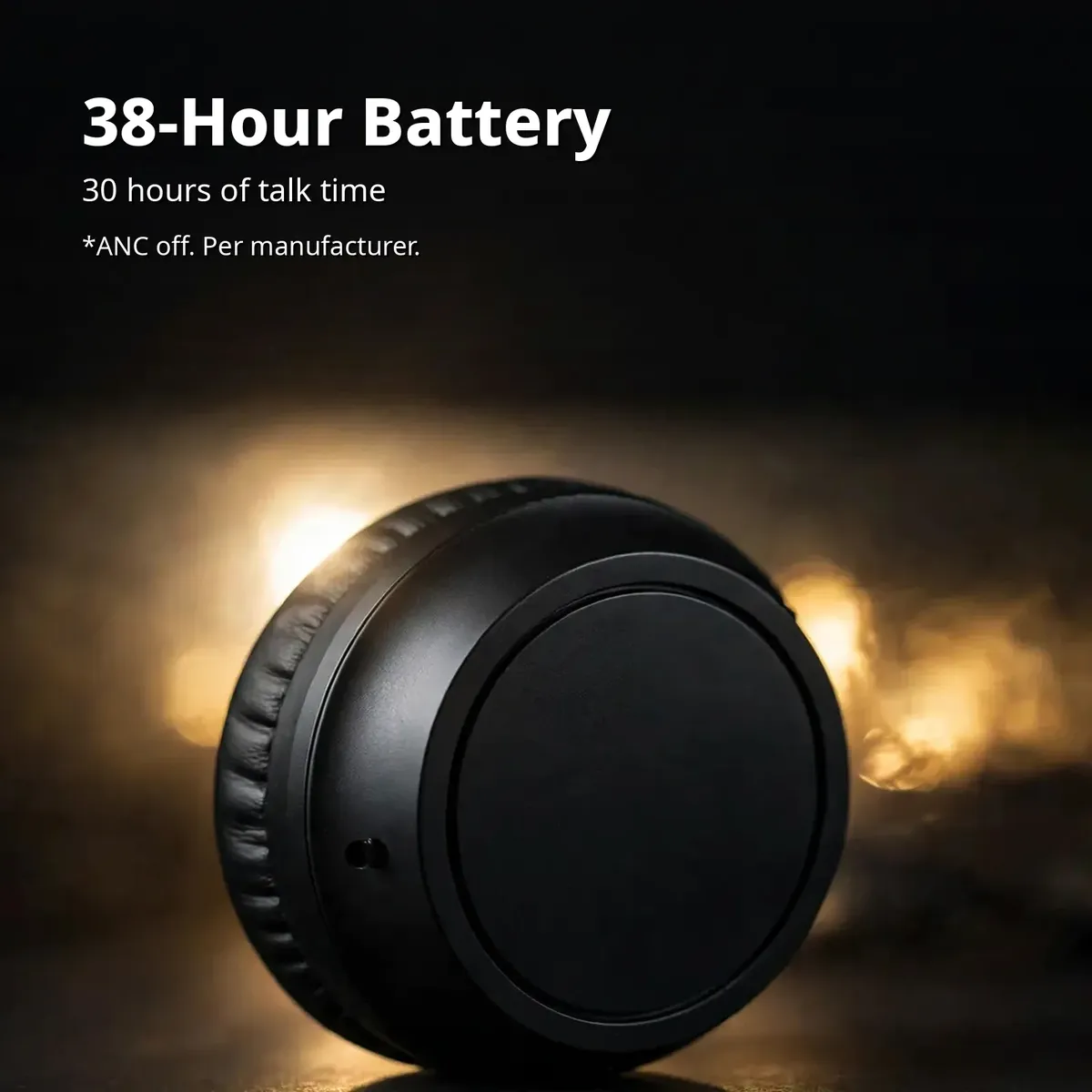 Awei AT5 battery card showing 38-Hour Battery and 30 hours of talk time headline with warm glow on dark backdrop