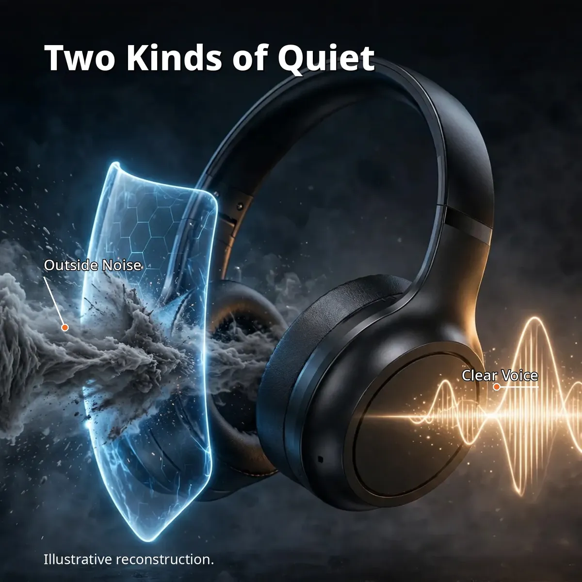 Awei AT5 ANC and ENC infographic showing a blocked outside-noise wave and a clear voice wave on a dark scene