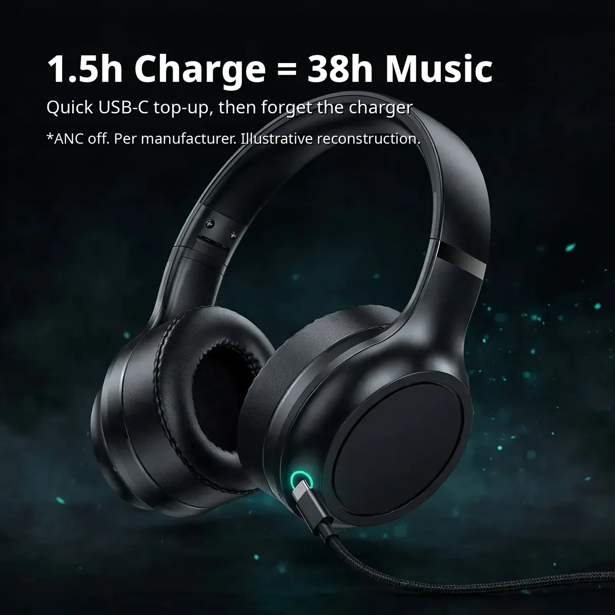 Awei AT5 charging infographic showing a USB-C cable with glow and 1.5h Charge equals 38h Music headline