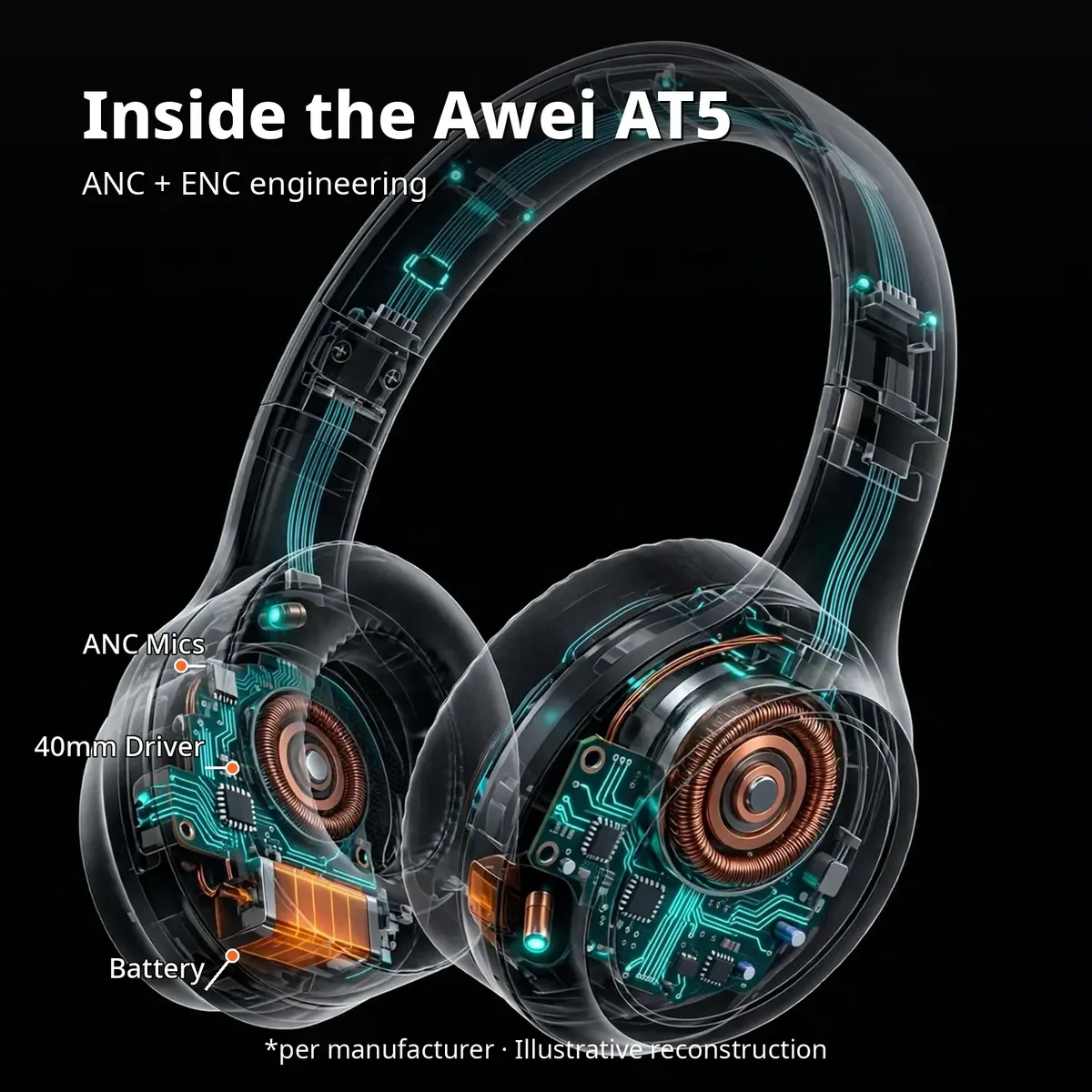Awei AT5 x-ray style cutaway showing the glowing internals of the black wireless headset on dark background