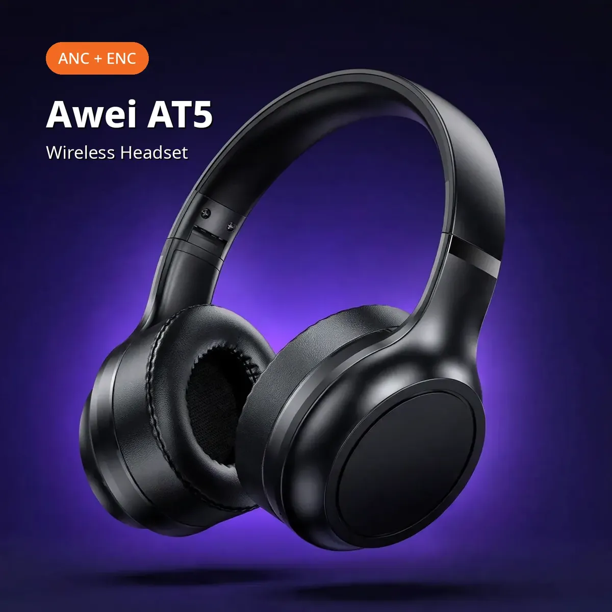 Awei AT5 promo hero with ANC plus ENC chip and Awei AT5 Wireless Headset headline on purple studio backdrop
