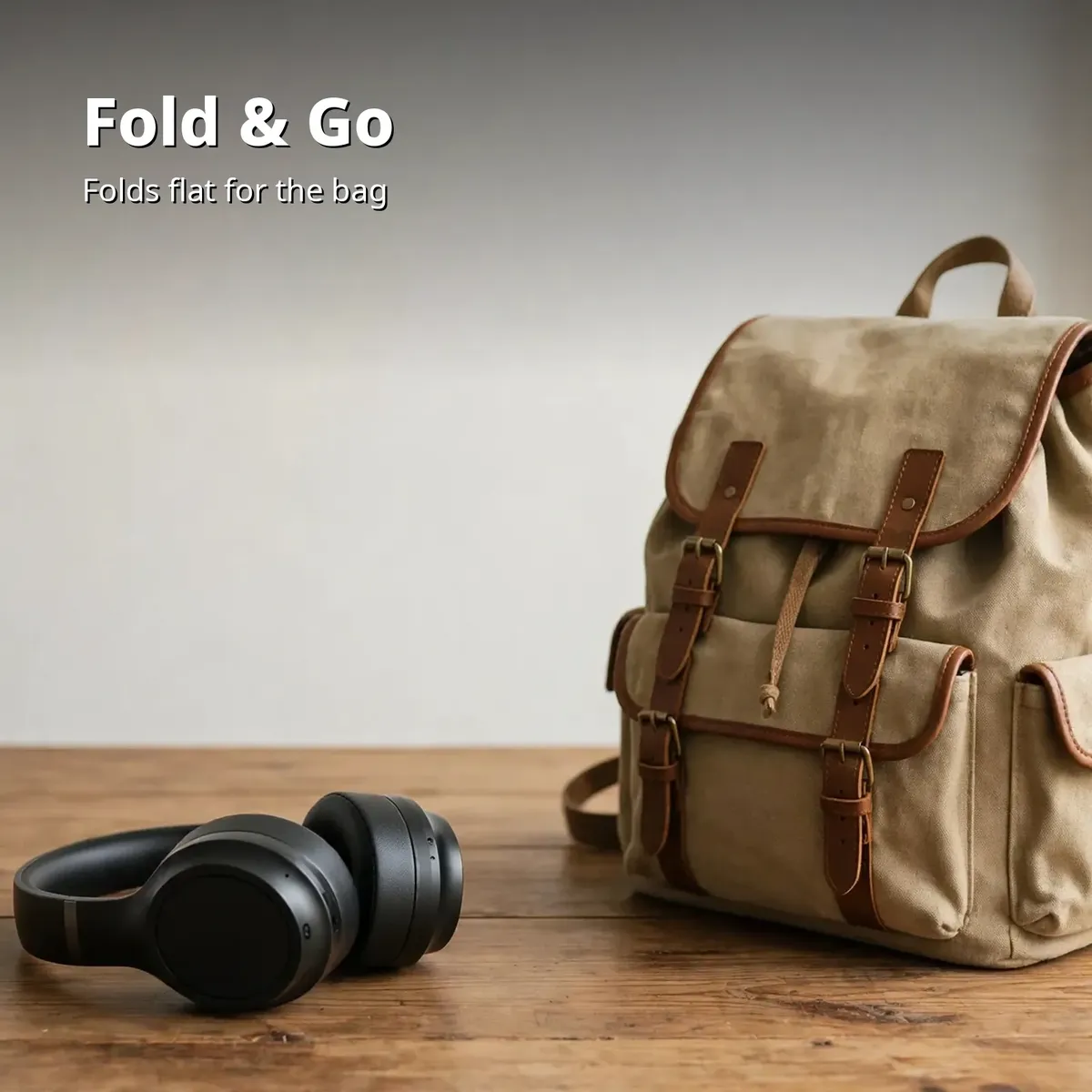 Awei AT5 Fold and Go promo card showing the headset folded flat beside a backpack
