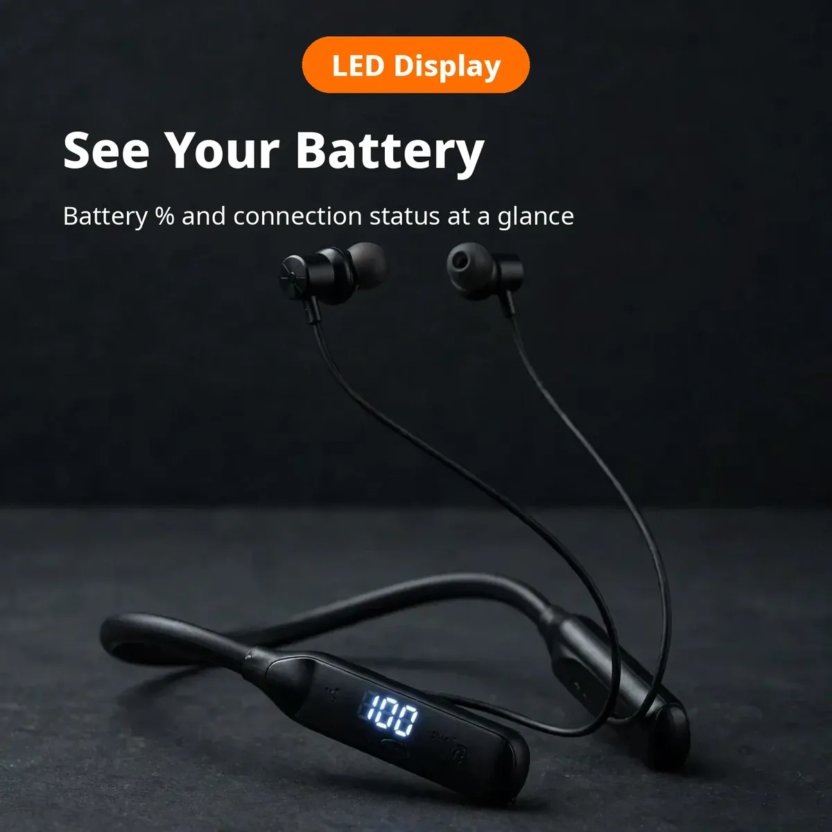 Awei G75BL LED display card showing the black neckband with glowing battery digits and See Your Battery headline