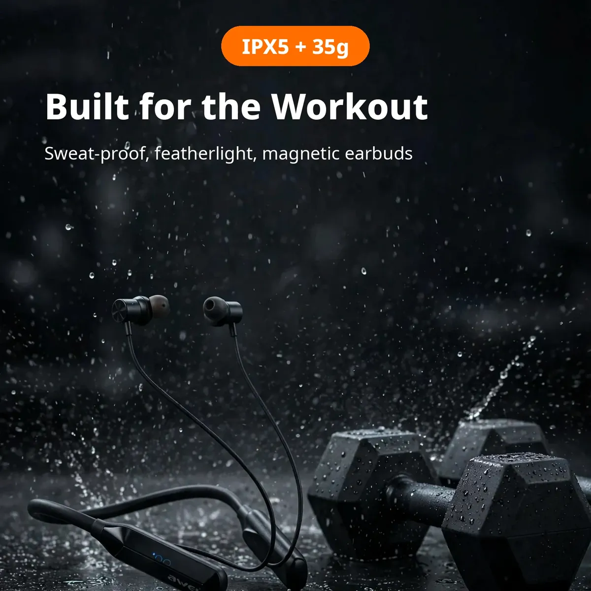 Awei G75BL sport card showing IPX5 sweat-proof and 35g featherlight features with water-splash motif