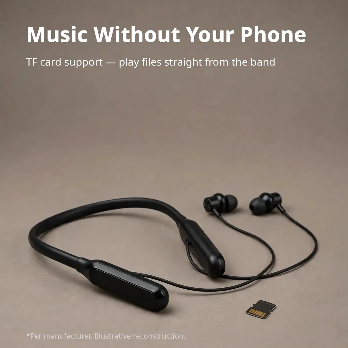 Awei G75BL TF card infographic showing music playback without a phone with a microSD card beside the product