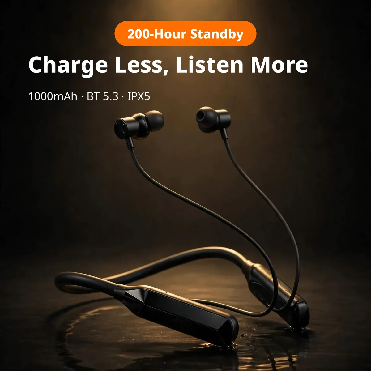 Awei G75BL promo hero showing the black neckband under golden spotlight with 200-hour standby headline